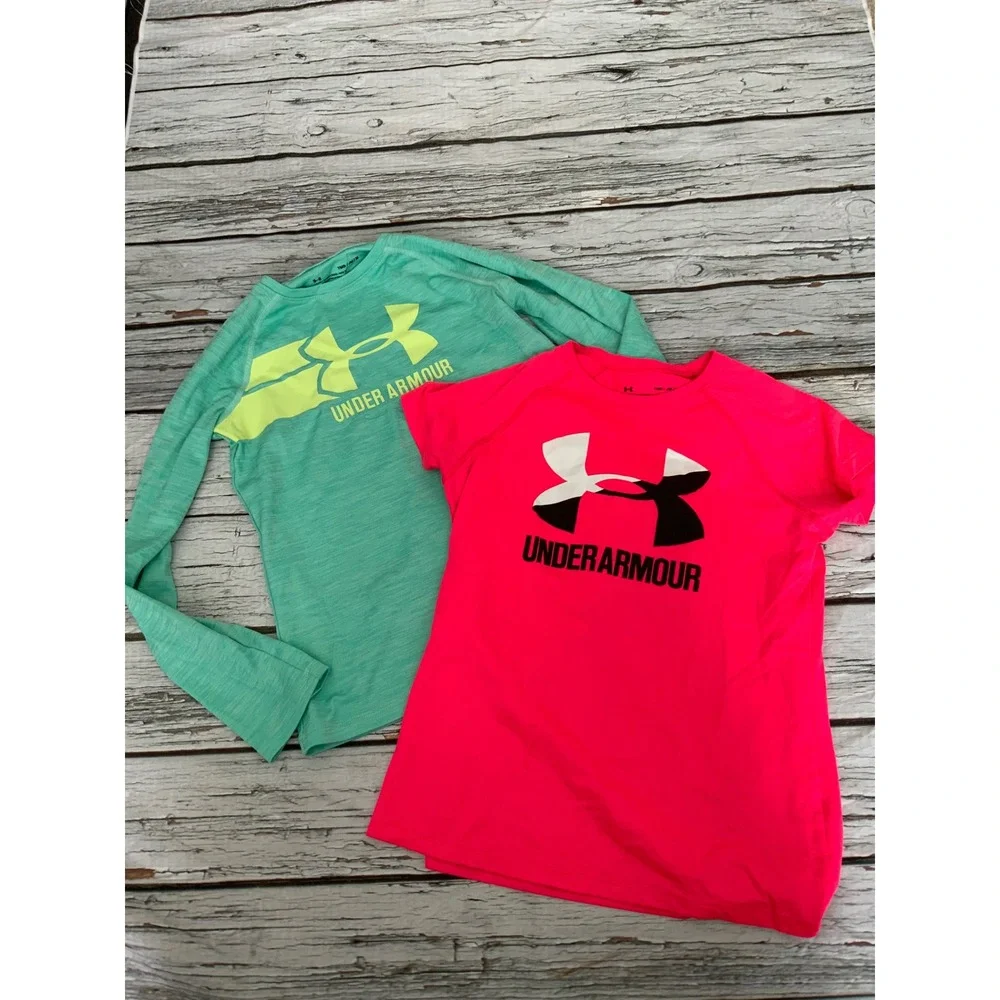 Under Armour Girls HeatGear Shirts Bundle‎ Pink Teal Long Short Sleeve YMD 10-12